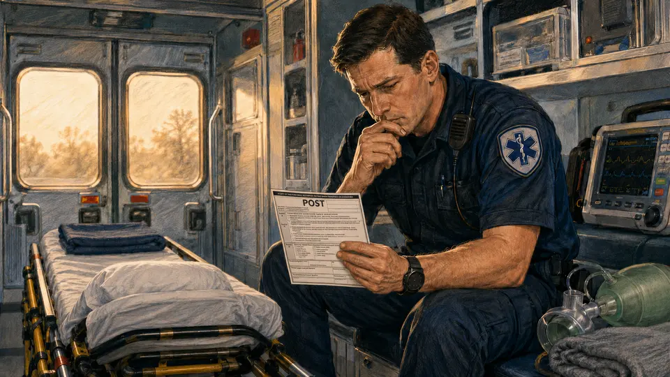 An EMT carefully reviewing a POST form beside a patient