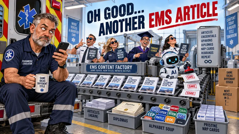 A weary paramedic watches an EMS content factory turn recycled ideas, credentials, and AI into another expert article