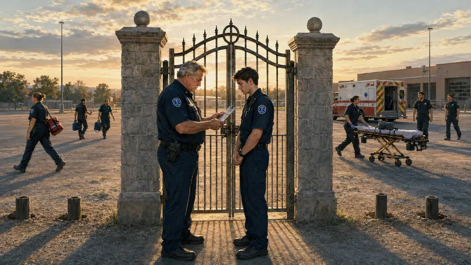 Two EMS professionals meeting at a gate while the work continues behind them