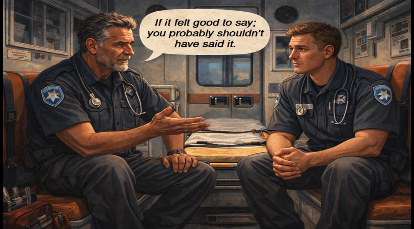 Two paramedics sitting facing each other in the back of an ambulance, with a speech bubble reading If it felt good to say, you probably shouldn't have said it