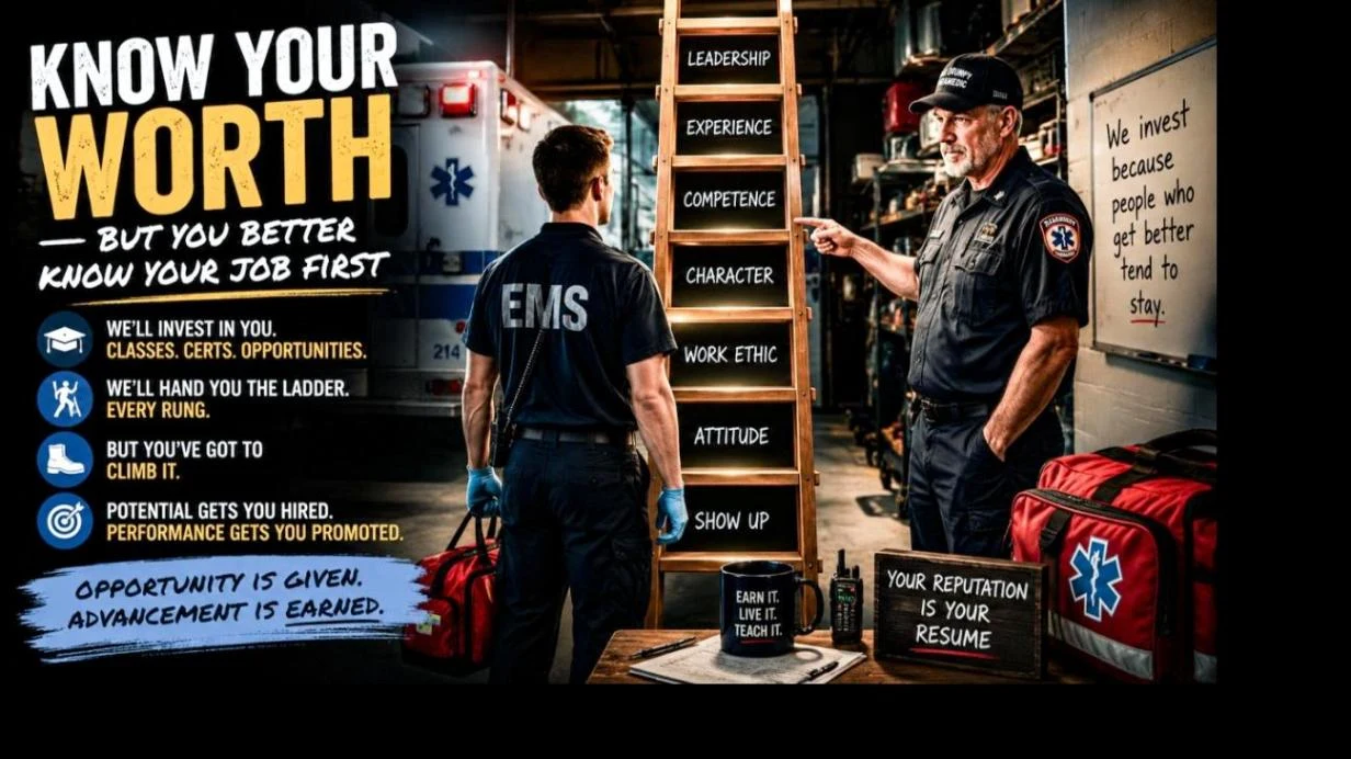 An FTO pointing out a ladder of leadership, experience, competence, character, work ethic, attitude, and showing up to a new EMT