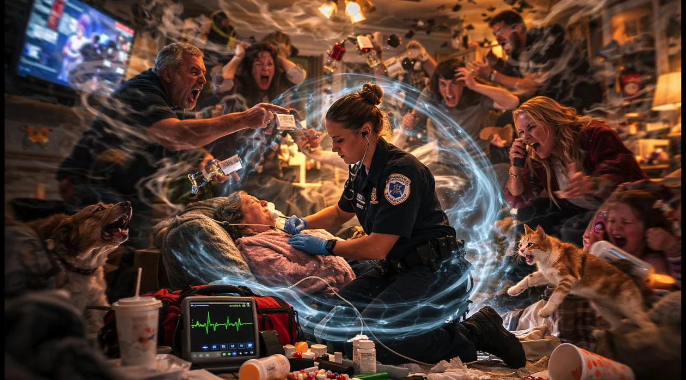 A paramedic calmly treating a patient in the eye of a swirling storm of screaming bystanders, a barking dog, and a hissing cat