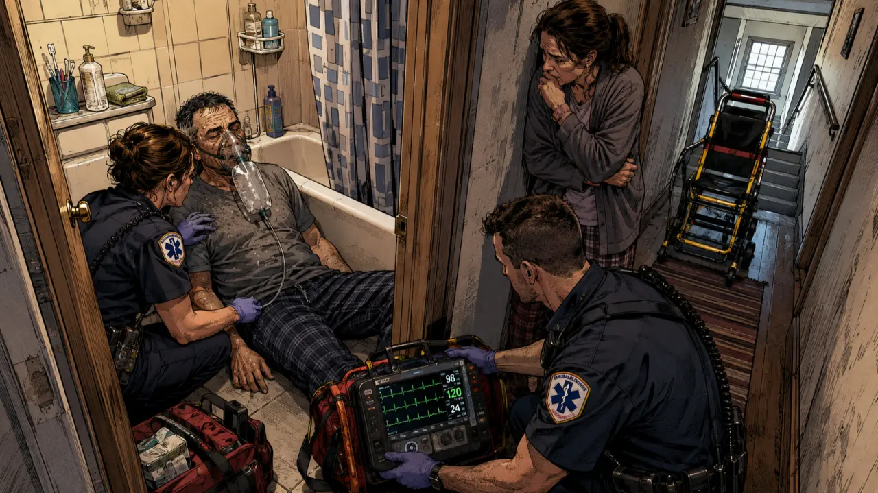 Two EMS clinicians treating a sick patient wedged between a bathtub and toilet while a stair chair waits in a narrow hallway