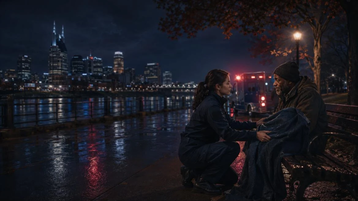 A paramedic kneeling to comfort a homeless man on a park bench at night, city skyline behind them