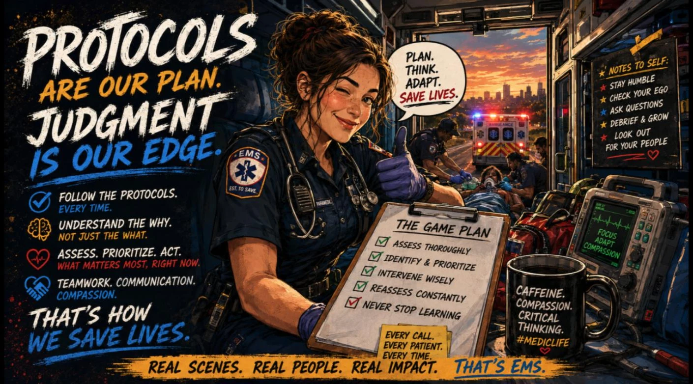 Illustrated paramedic giving a thumbs up beside a clipboard reading The Game Plan, with the text Protocols Are Our Plan, Judgment Is Our Edge