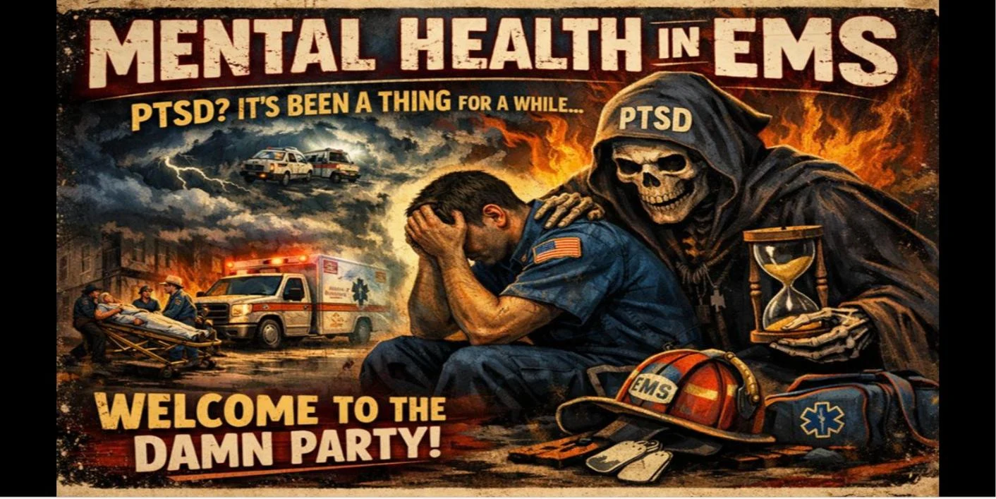 Illustrated poster titled Mental Health in EMS: PTSD? It's Been a Thing for a While. Welcome to the Damn Party! showing an EMS provider with head in hands beside a hooded skeletal figure labeled PTSD holding an hourglass, with an ambulance scene in the background.