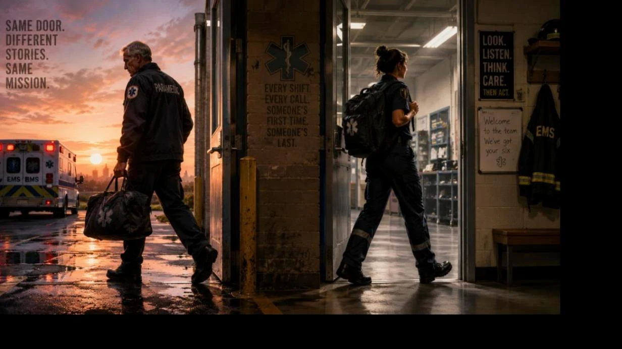 A veteran paramedic walking out of the station at sunset as a new provider walks in the other door