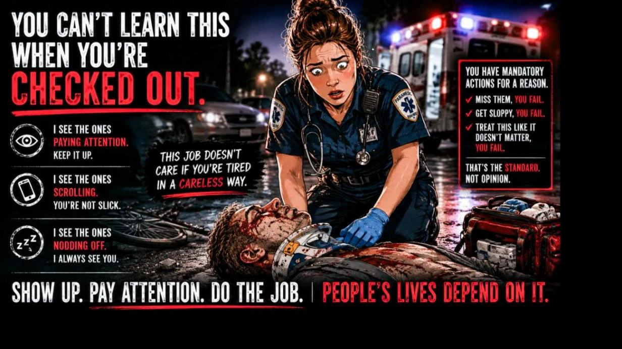 A paramedic student frozen at a bicycle-versus-car scene while her instructor watches